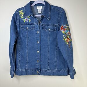 YI LIN Denim Jacket Women Small Blue Jean Floral Bird Embroider Southwestern VTG